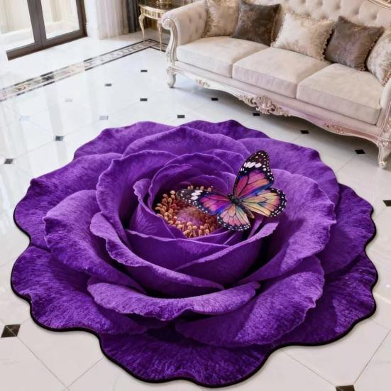 3D Flower Floor Mat Large Flower Shape Living Room Rug Realistic Floral Butterfly Floor Rug with Anti-Slip Bottom for Home Bedroom Dining Room