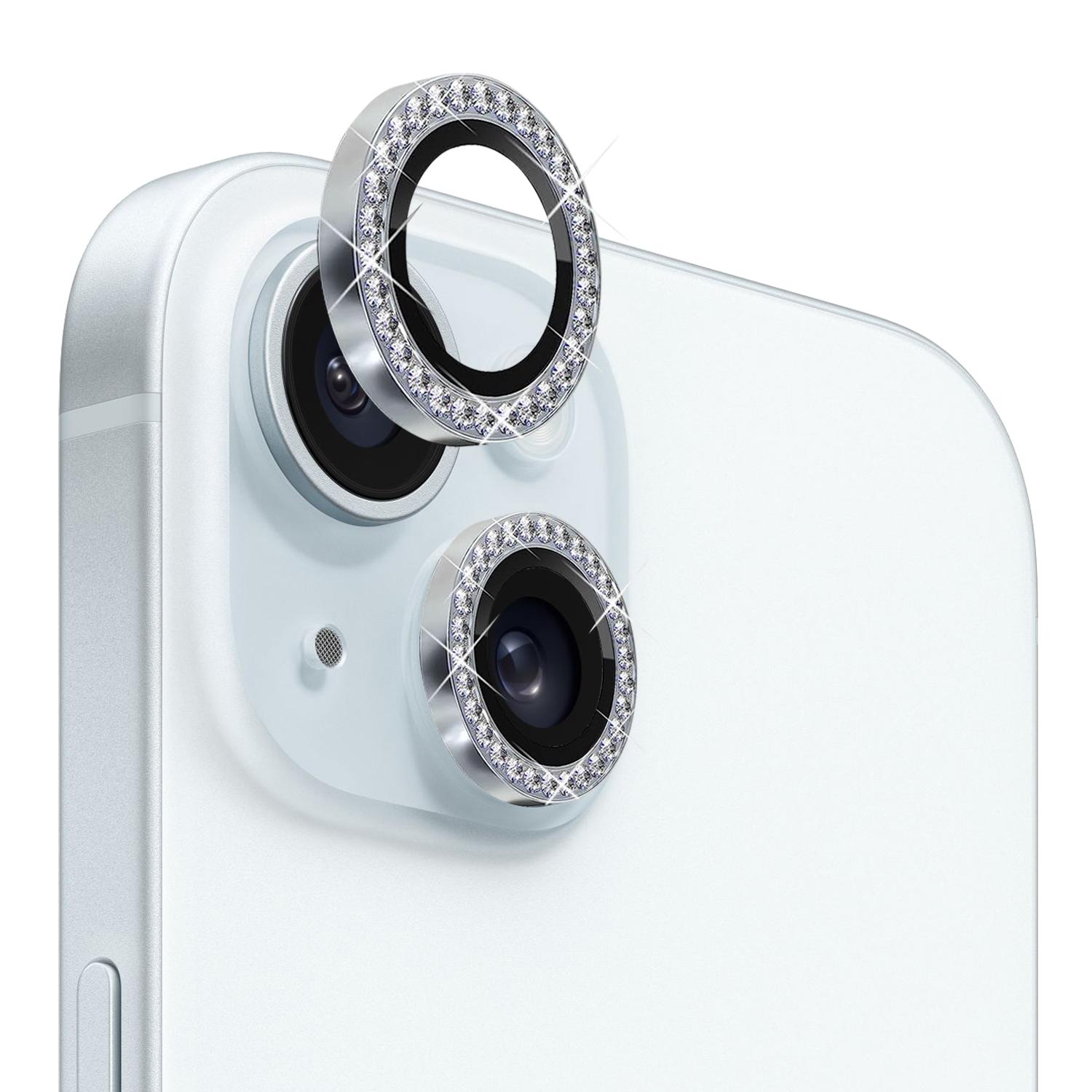 

NORTHJO 1 Set For iPhone 15/15 Plus Rhinestone Lens Protector Tempered Glass+Metal Rear Camera Lens Film Silver