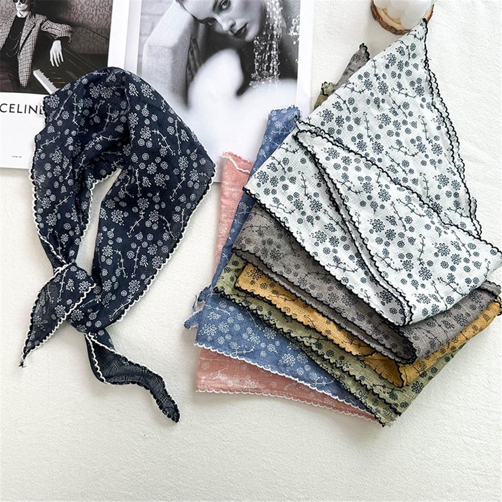 Lightweight Cotton Linen Scarf Korean Style Spring Summer Bandana Floral Triangle Scarf for Women