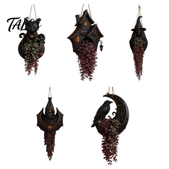 Festive Yard Hanging Decor Halloween Planter for Indoor Outdoor Use, Gothic Bat Cat Witch Raven Black Ornament Plant Pot Holder, Spooky Wall