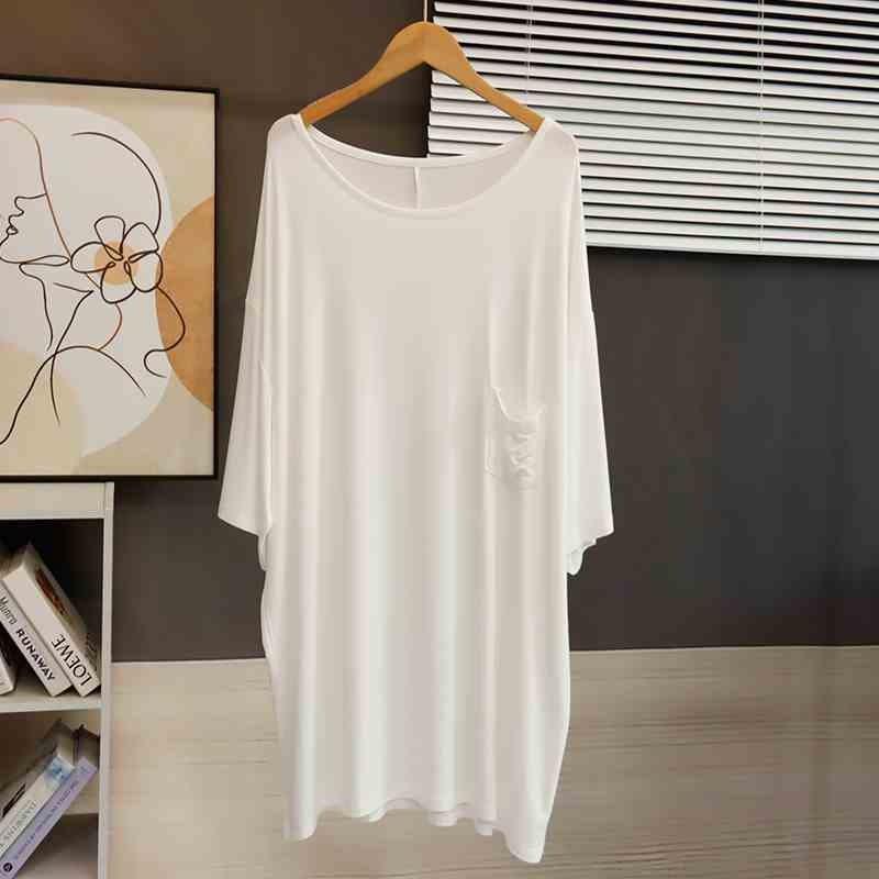 Niedrig geschnittenes kurzärmeliges T-Shirt für Damen, Sommer, locker, mittellang, lockerer Fall, Tasche, atmungsaktiv, Nachthemd-Top