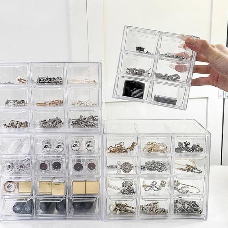 Transparent Jewelry Storage Box Organizer Table Drawer-Type Stackable Organizing Box 9 Grid Acrylic Display Jewelry Storage Rack