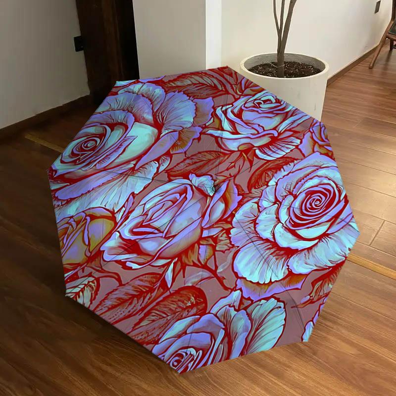 

Elegant Rose Pattern Automatic Opening/Closing Umbrella with Portable Tri-Fold Design and 8-Bone Iron Frame - Perfect for Outdoor Use, Festi