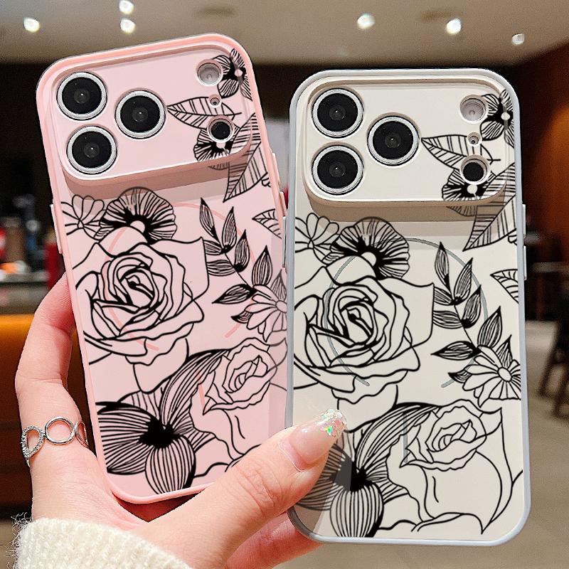 Case For iPhone 17 Pro Max Line Rose Flowers Leaves Pattern Magnetic For Magsafe Hybrid Slim Matte Cover For iPhone 16 15 14 13 Pro Max