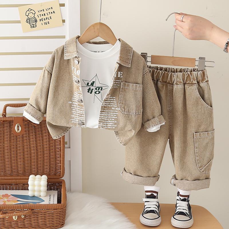 0-5-year-old Boys' Long Sleeved 3-piece Set, Boys' Fashion Suit, Children's Denim Jacket+white T-shirt+denim Pants