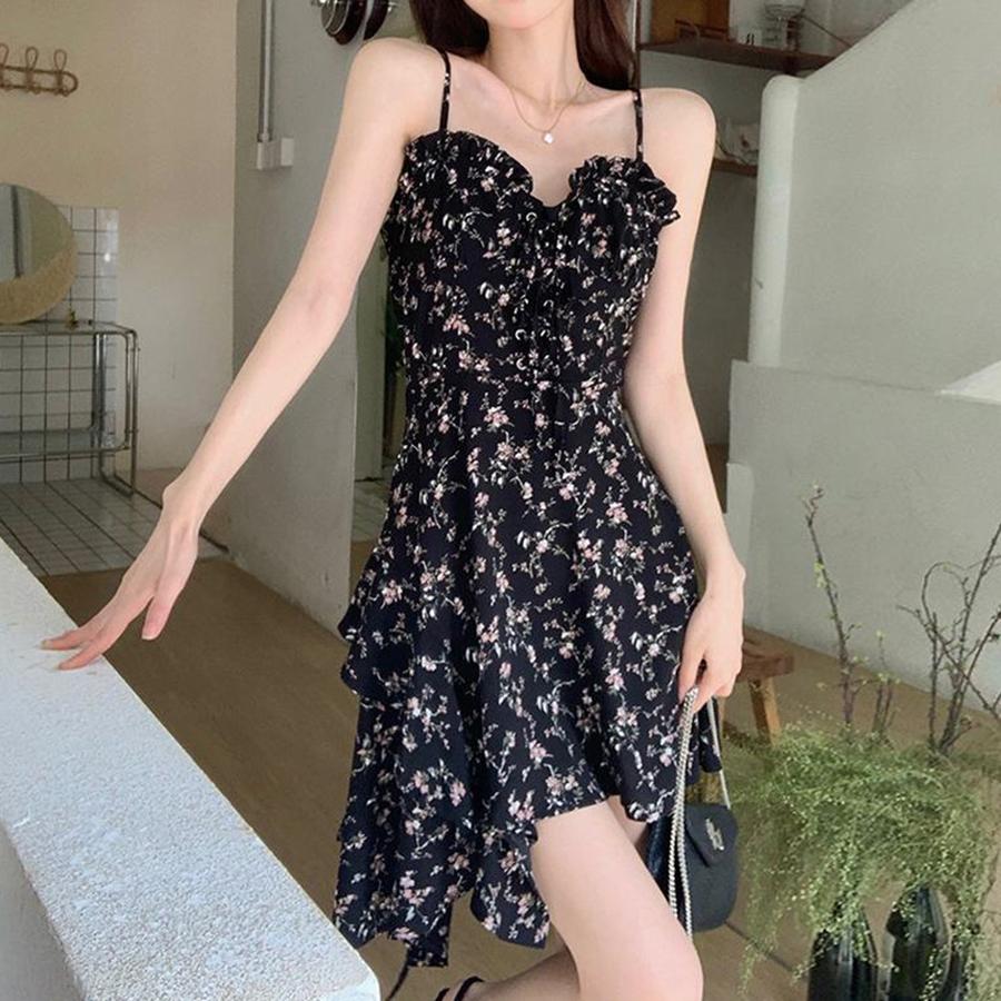 New Summer Small Size Black Floral Ruffled Strappy Dress for Women, Yoto Wind, Slim Fit Short Skirt S чёрный