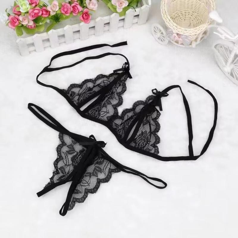 Lady Lace Pajama Sets Sexy Lingerie Sleepwear Tie Band Out Top And Hollow Out Thin Strap G-String Ultra Thin Home Clothes