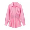 1116 summer European and American women's clothing lapel solid color loose elastic waist single-breasted long-sleeved shirt top women