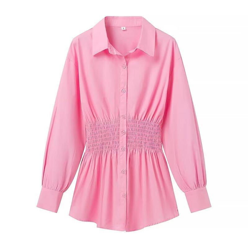1116 summer European and American women's clothing lapel solid color loose elastic waist single-breasted long-sleeved shirt top women