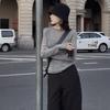 Women's Smoke Grey Merino Wool Round Neck Long Sleeve Ribbed Knit Base Layer