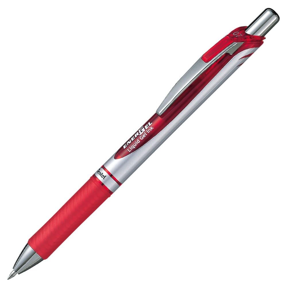 Pentel EnerGel Gel Ink Ballpoint Pen 0.7mm Silver Barrel Red Pack of 10