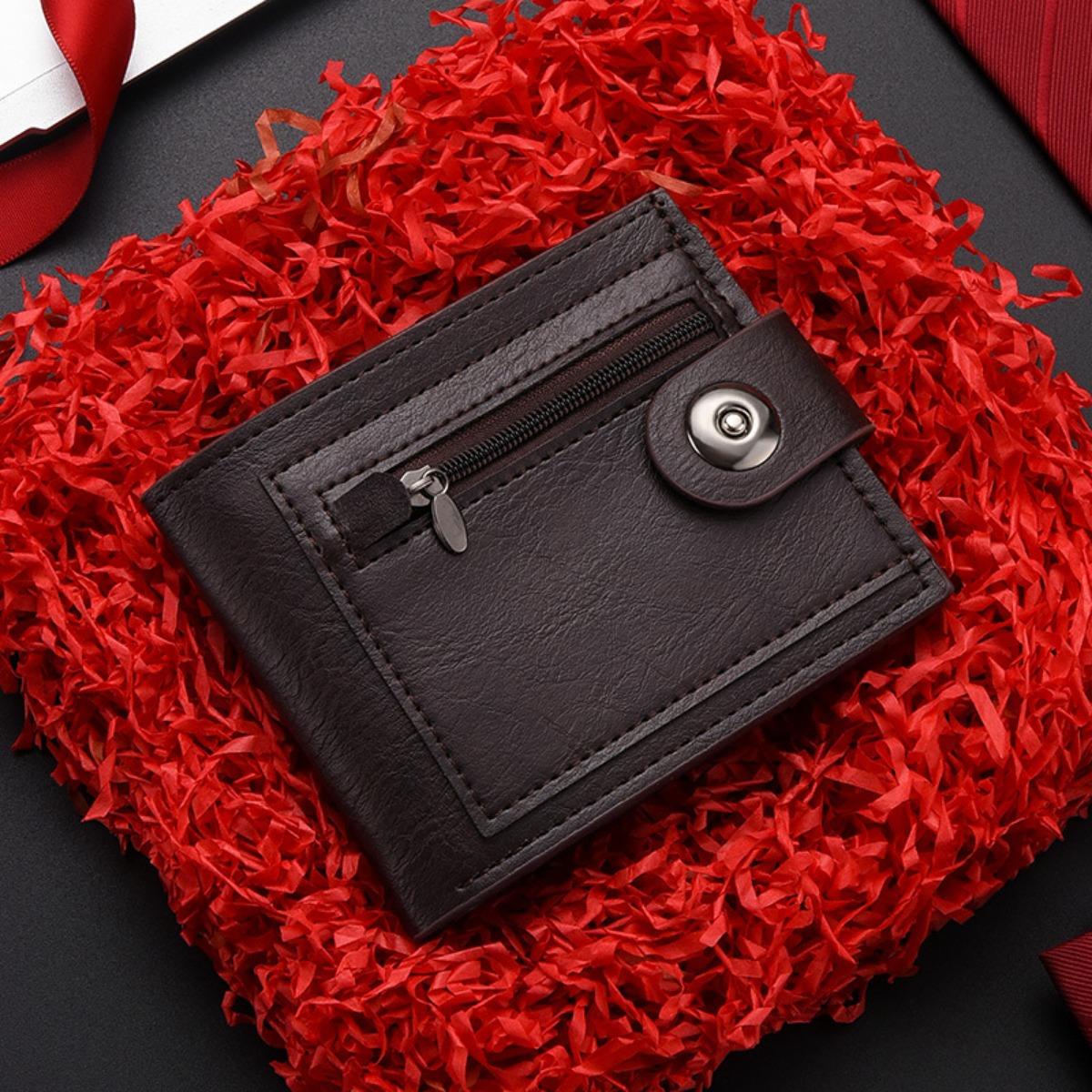 

Мужской, Короткий кошелек, Тонкий на молнии, Кошелек для монет, Большая вместимость, Множество отделений для карт, Повседневный, Кожаный кошелек темно-коричневого