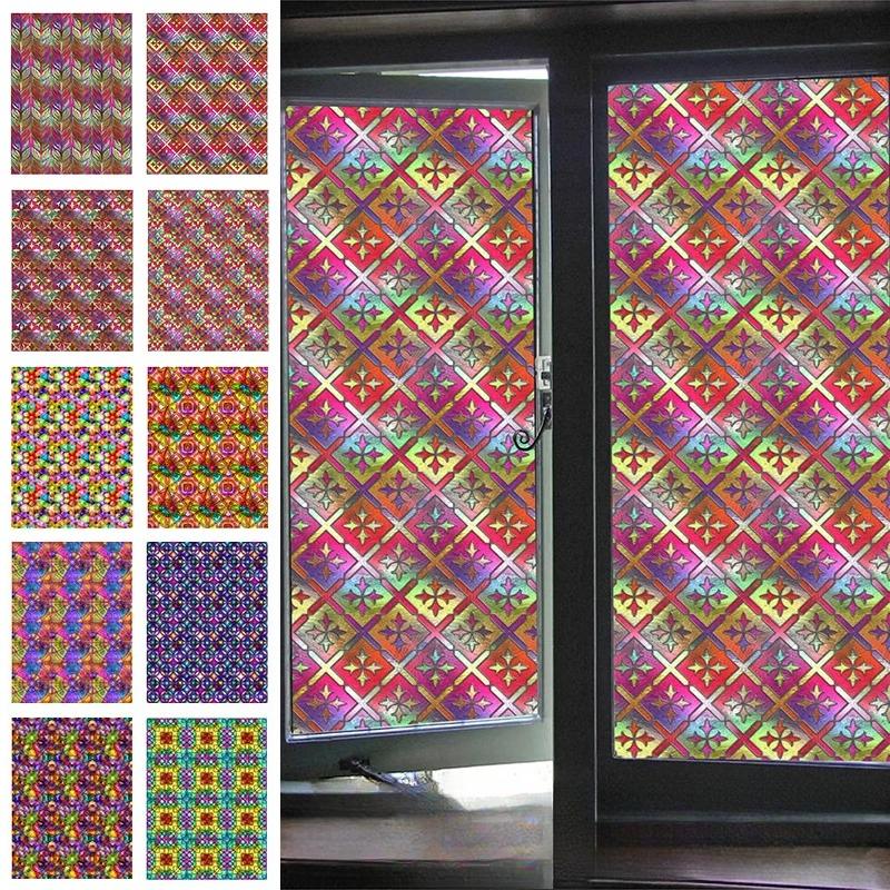 Translucent Self-Adhesive Stained Window Sticker Retro Geometric Pattern Glass Film Home Bathroom Decor Art Privacy Film