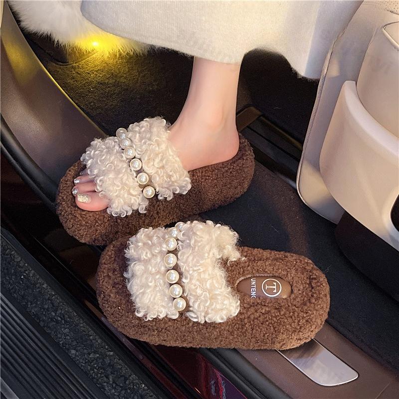 Women Platform Plush Shoes Winter Fashion Height Increase Luxury Cotton Slippers Warm Comfort Non Slip Indoor One Word Slippers