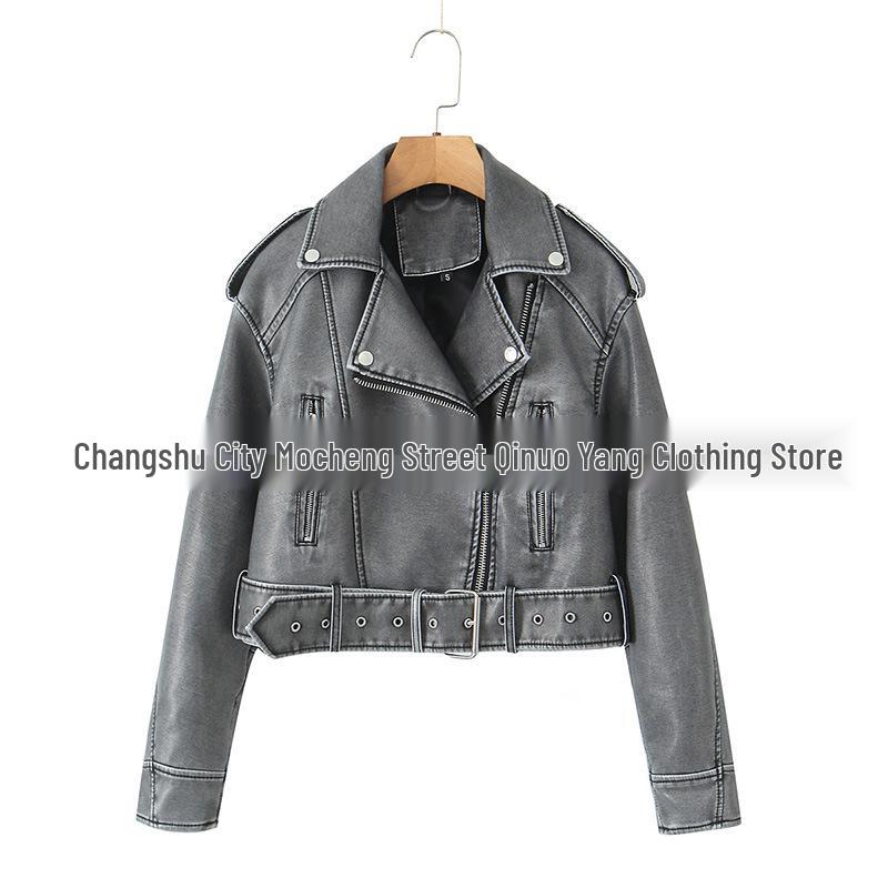 Women's Versatile Retro Leather Motorcycle Jacket - Short, Stylish Spring/Autumn Coat
