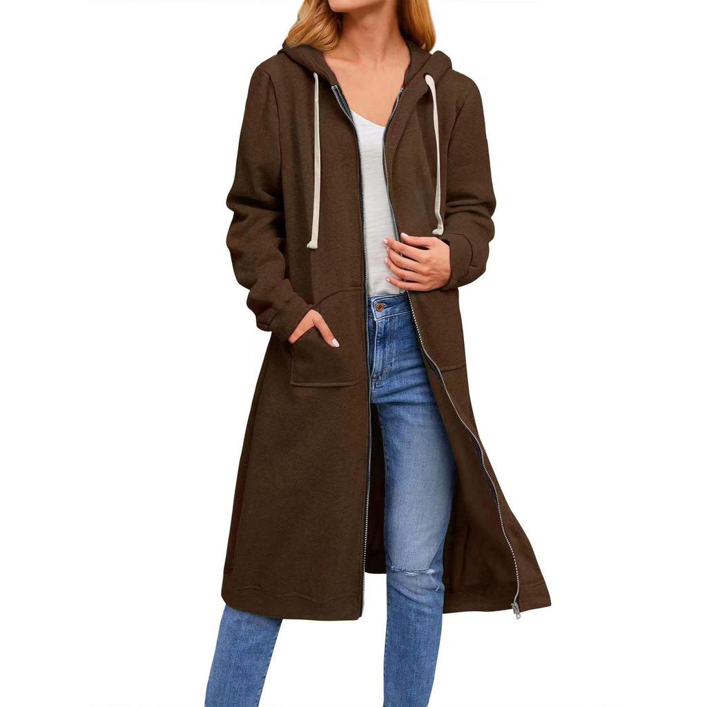 Herbst- und Winter-Kapuzenpullover für Damen, lässiger Kapuzenpullover mit durchgehendem Reißverschluss, bequemer langer Damen-Kapuzenpullover, modisches Sweatshirt mit Taschen