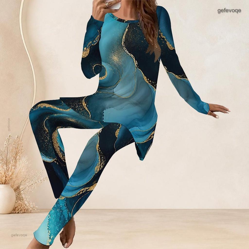 Women Plus Size Black Printed Round Neck Long Sleeve Longline Top Fitted Pants Two Piece Set