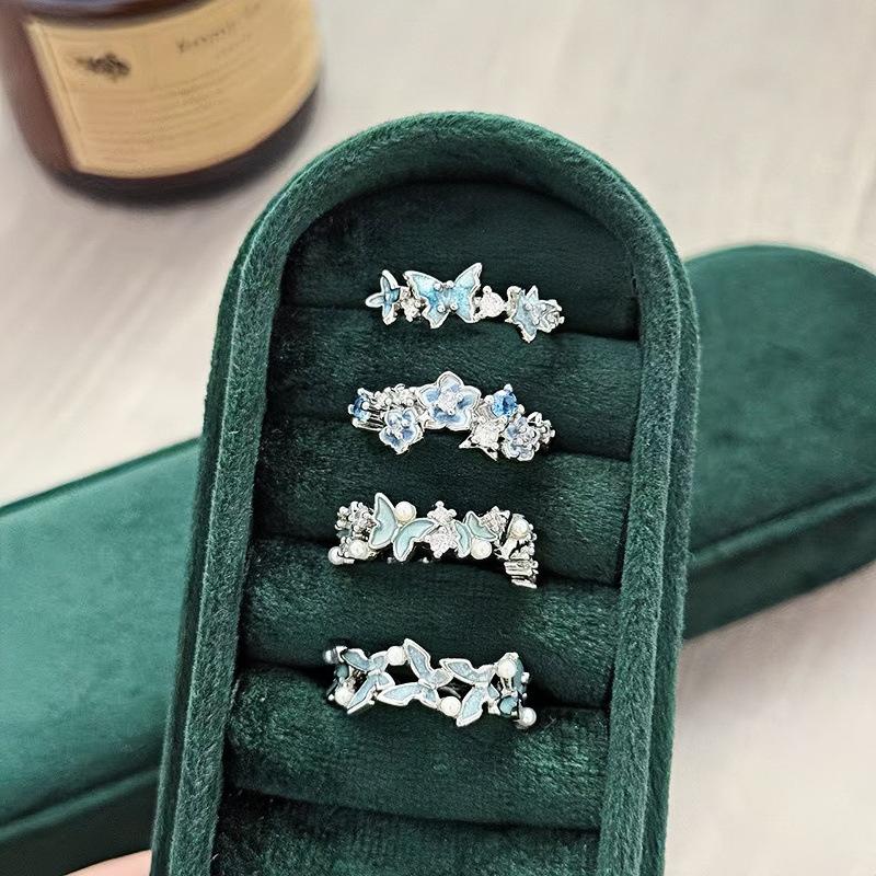 Star Flower Ring~ Blue Enamel Zircon Butterfly Flower Adjustable Opening Ring Women'S Niche Premium Ring