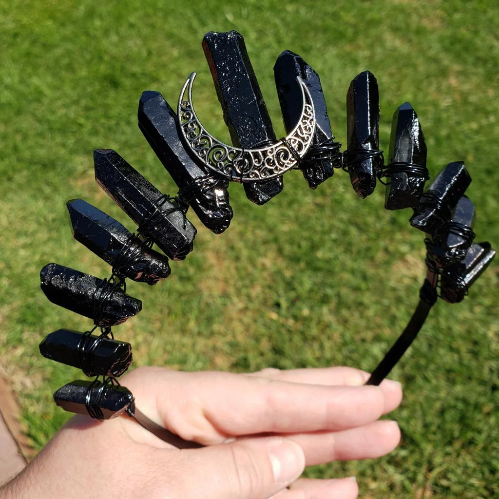 Raven | Black Crystal Quartz Goth Crown Bridal Tiara Witch Crown Wicca Gothic Cosplay Maleficent Tiara Bridal Headpiece