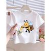 European Sizes Cartoon-style Cute Little Bee Collecting Honey" Letter/cartoon Print, Girls' Short-sleeve T-shirt, Suitable for Summer Wear