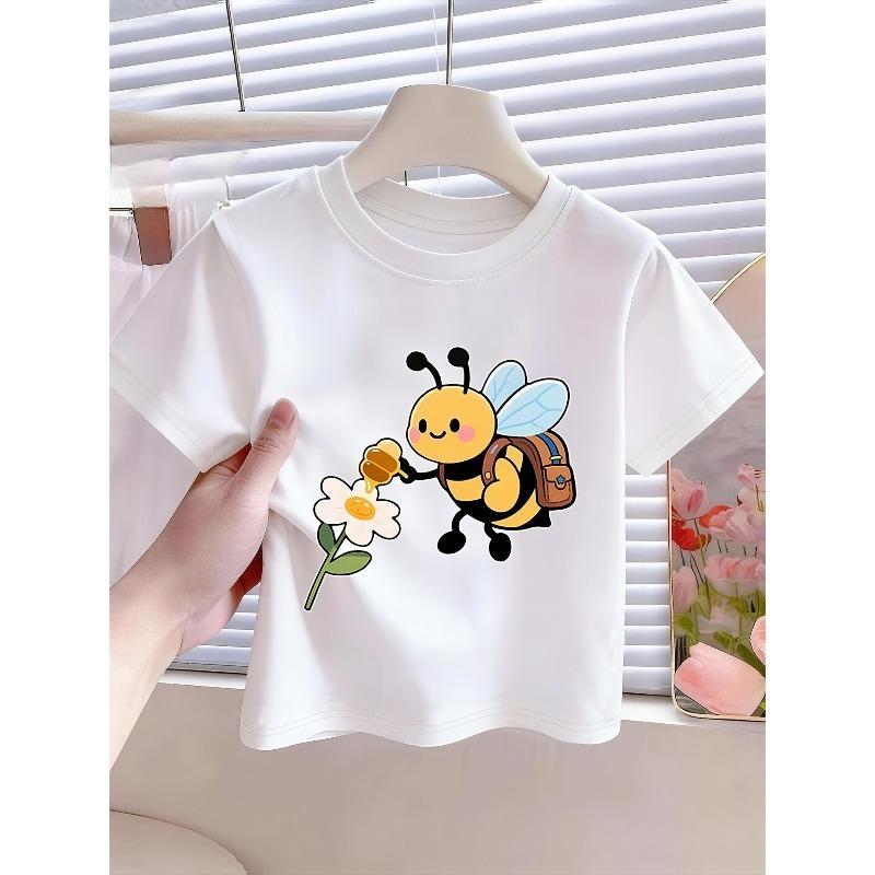 European sizes Cartoon-style Cute Little Bee Collecting Honey" Letter/cartoon Print, Girls' Short-sleeve T-shirt, Suitable for Summer Wear