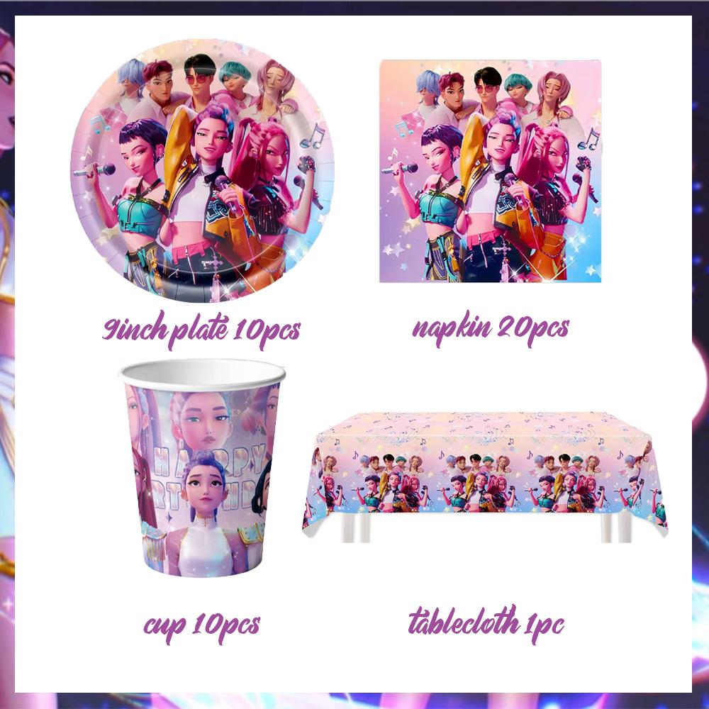 KPop Girl Dämonenjäger Geburtstagsparty Dekorationen Lila Einweg-Geschirr Anime Rosa Ballons Hintergrundbanner Kuchenaufsätze
