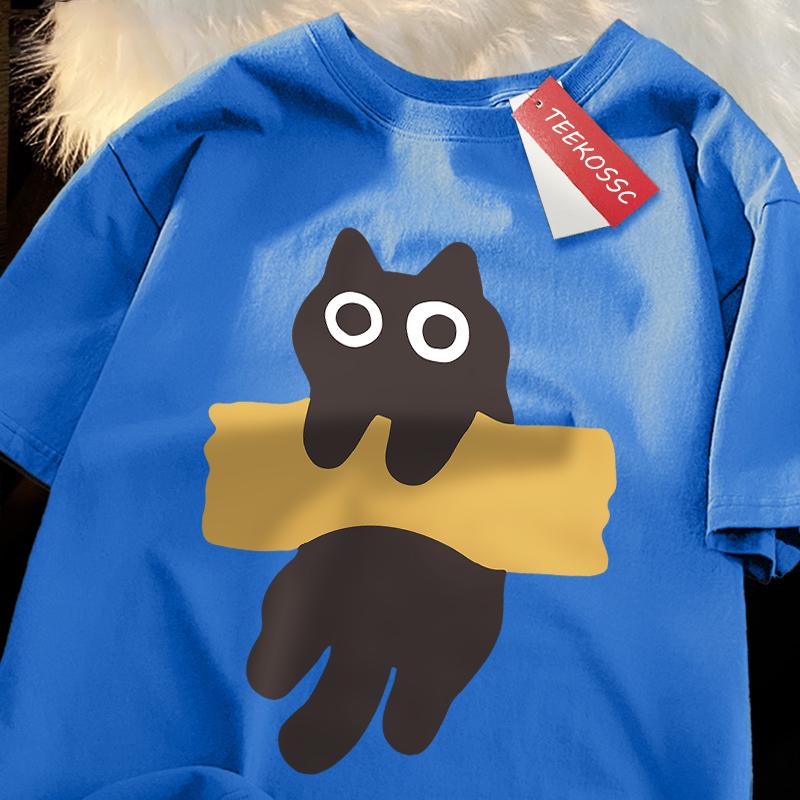Fun Adhesive Tape Cat Print Japanese Style Short Sleeve Men Women Cotton Oversized T-Shirts Oversized O-Neck New Tops Tees