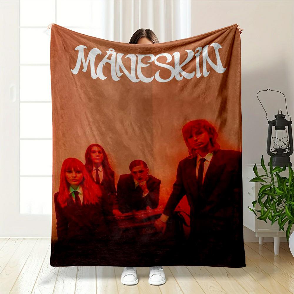 Måneskin Band Photo On Red Backdrop Printed Flannel Blanket for Bedroom, Living Room, Sofa, and Nap