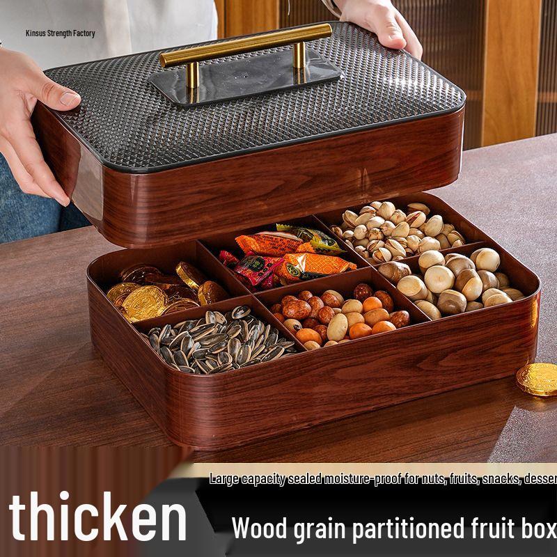 Wood Grain Multi-Grid Dried Fruit Candy Box - Thickened, Sealed, Moisture-Proof, Double-Layer Storage Plate