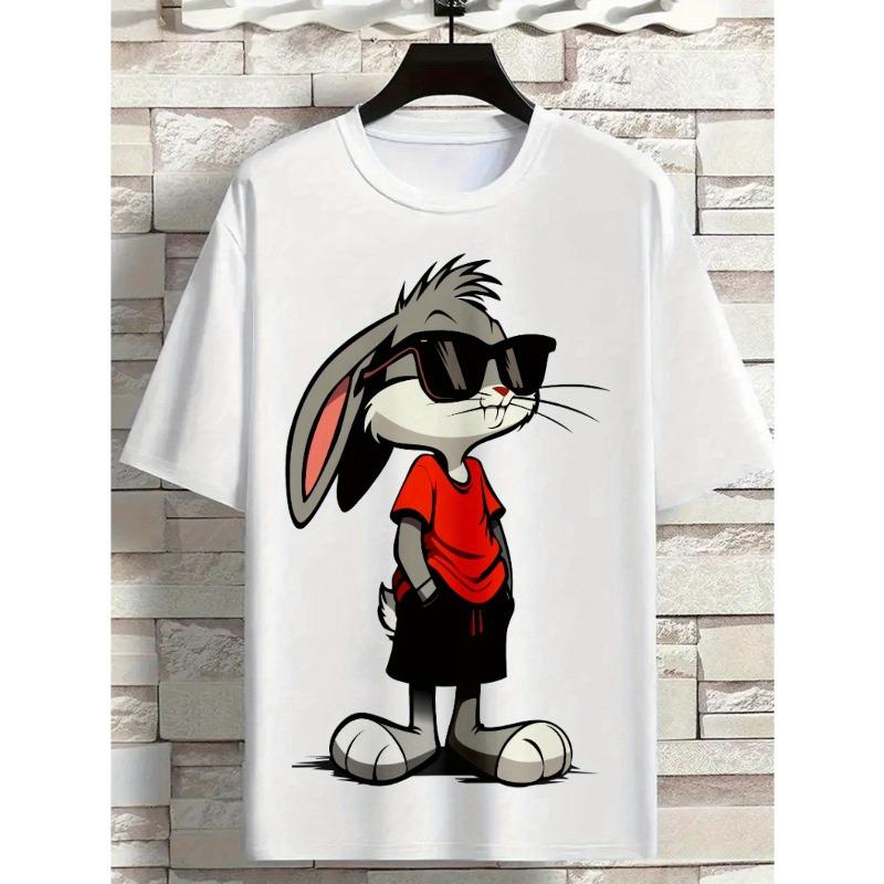 Men'S Bunny Graphic T-Shirt - Casual Summer Short Sleeve Tee with Fashion Glasses & Red Shorts Design, Round Neck, Comfortable