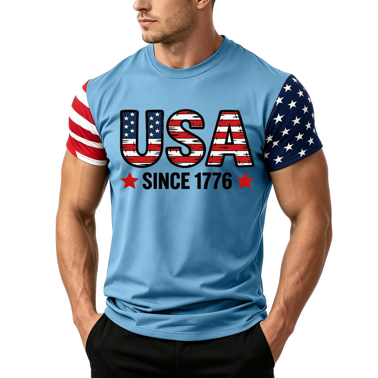 

Men s Independence Day Flag Print Short Sleeve T-Shirt, Loose Casual Daily Summer Tops M