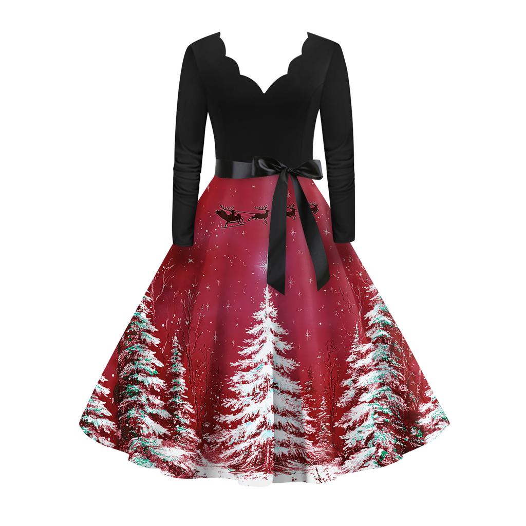 Women's Fashion Elegant Autmn and Winter Long Sleeve V-Neck Christmas Print Dress