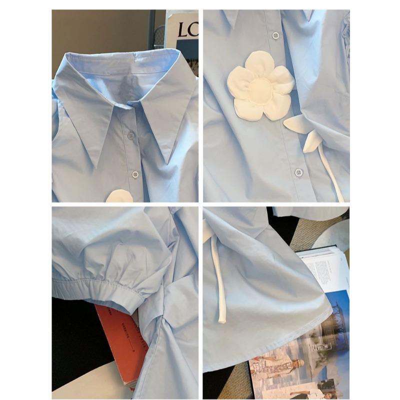 Blue Off Shoulder Women's Shirt, Three-dimensional Flower Single Breasted Short Sleeved Stylish Design Women's Clothing