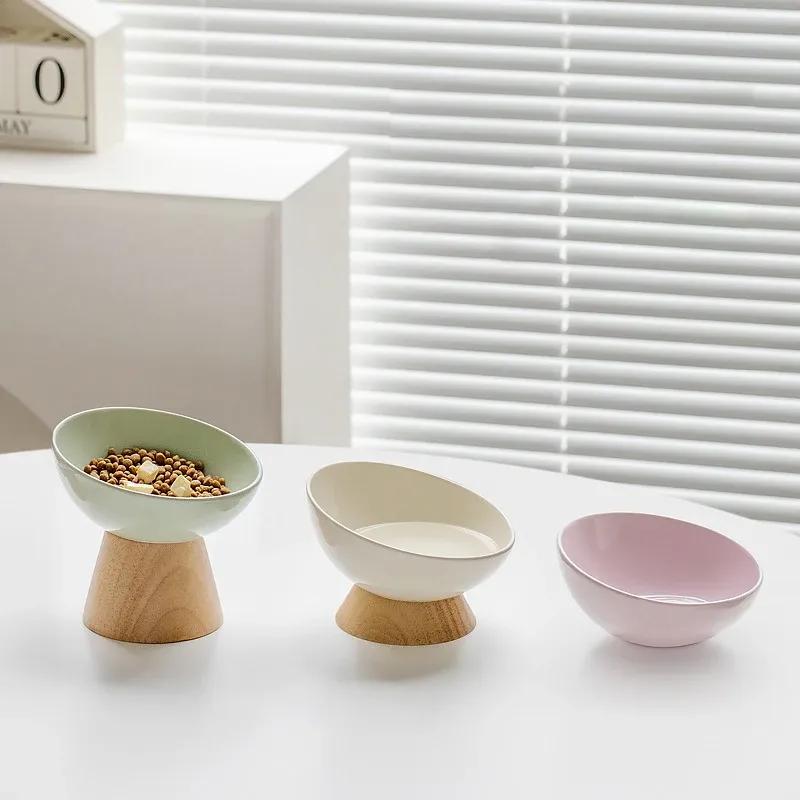 Cat Tilted Ceramic Bowl Small Dogs Elevated Food Water Feeders Pet Drinking Eating Supplies with Wooden Stand