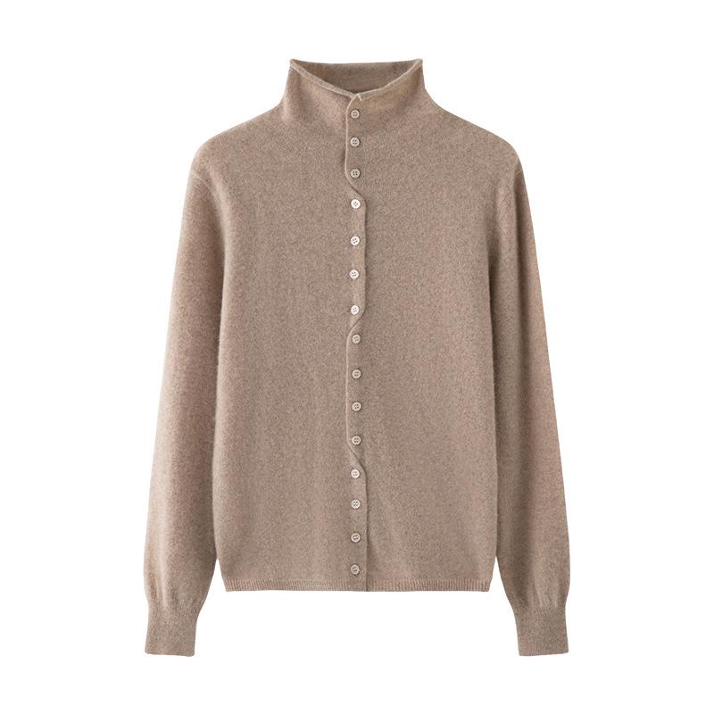 Women's Minimalist Rolled-Edge Cashmere Sweater - Semi-High Neck, Loose Fit, Slimming, Long Sleeve Knitted Base Layer