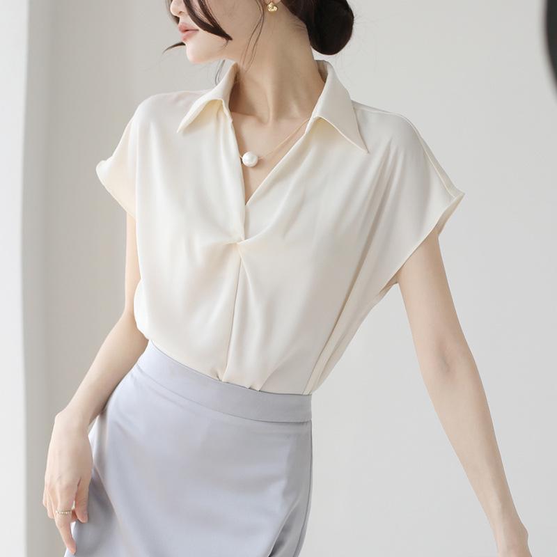 Camicia da donna estiva 2025 in stile francese a maniche corte con design a catena di perle ritorte