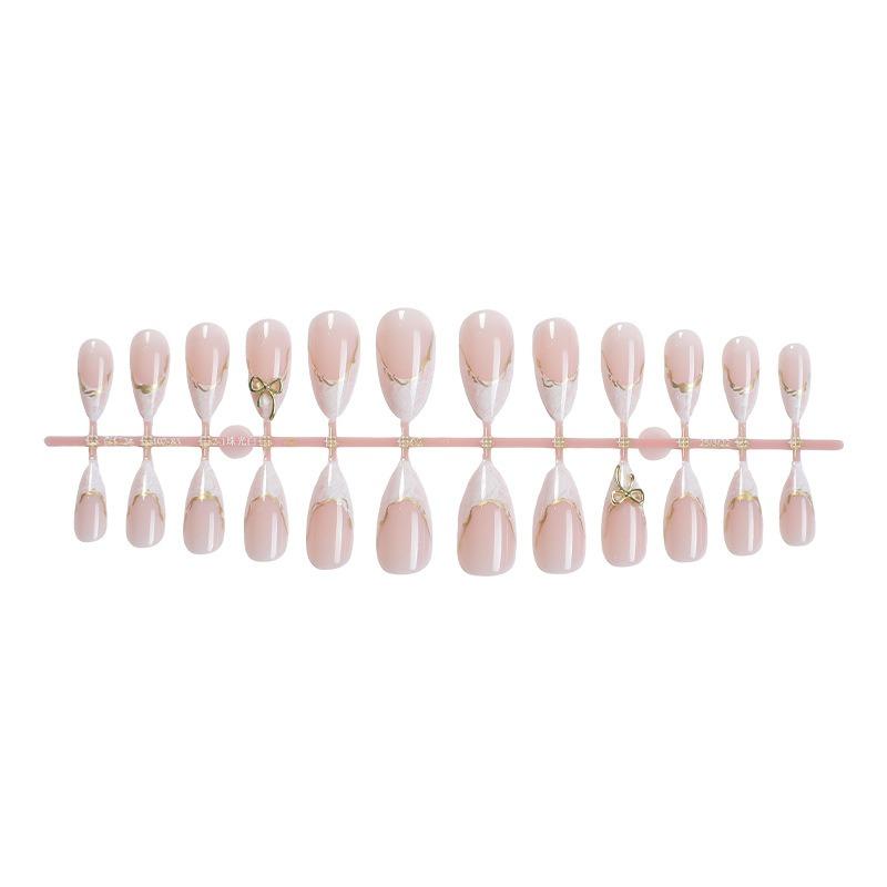 

24pcs Handmade French Short Nail Tips Manicure Set Fake Nails Embellished With Gold Line And Zircon