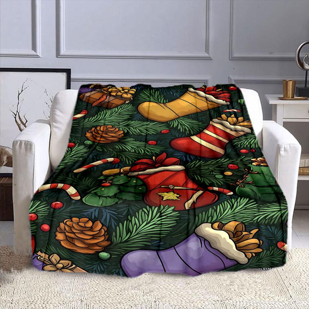 Christmas Stockings and Festive Decor Patterned Flannel Blanket Perfect for the Bedroom Living Room, Sofa, or a Little Nap