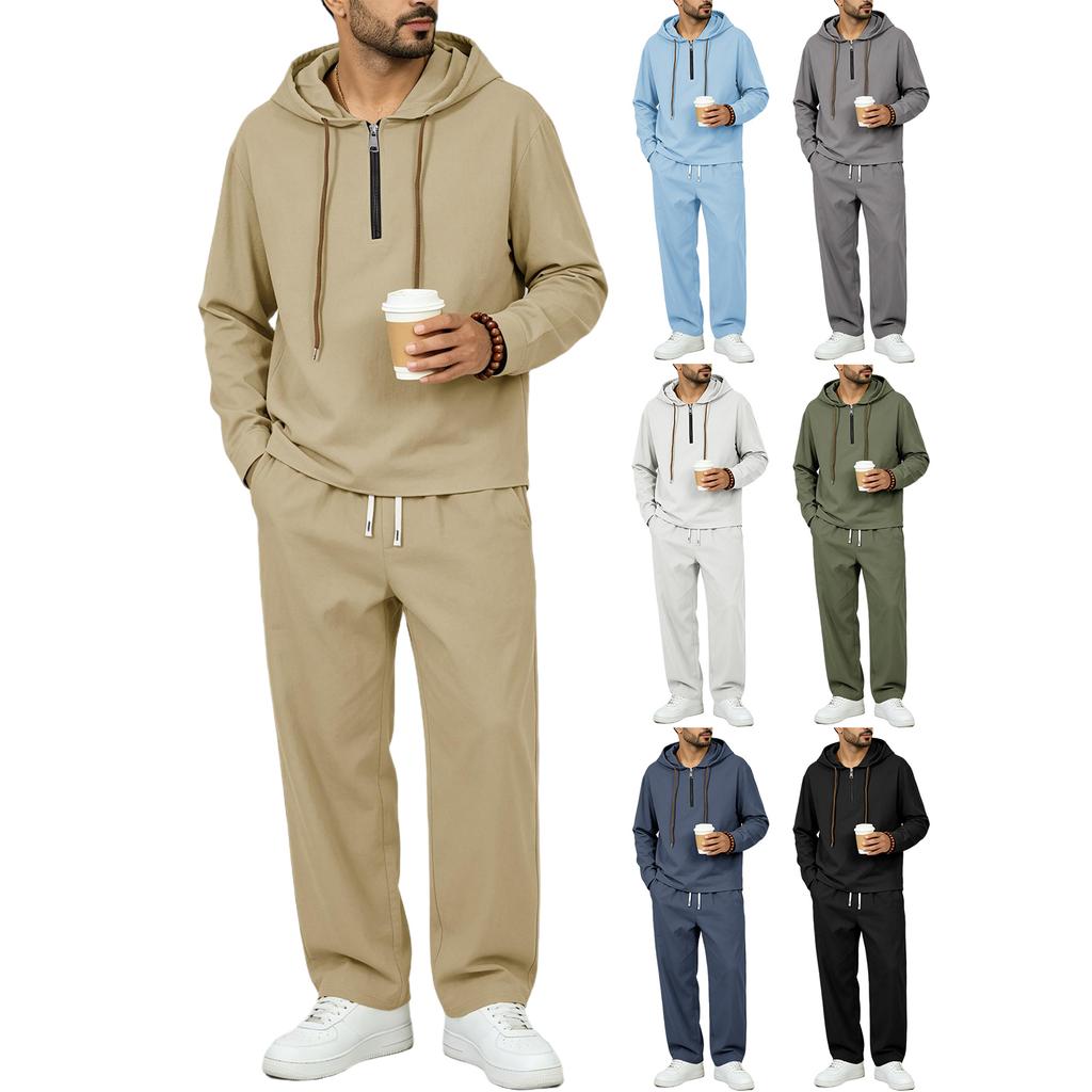 Men's Linen Hoodie Set with Half Zip, Long Sleeve Pullover and Drawstring Jogger Pants, Casual 2-Piece Outfit