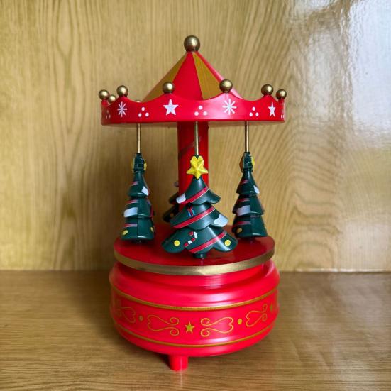Karussell-Spieluhr Drehendes Pferd-förmige Spieluhr mit 4 Weihnachtsbäumen Musikalisches Karussell spielt Merry Christmas für Feiertags-Geburtstagsgeschenke