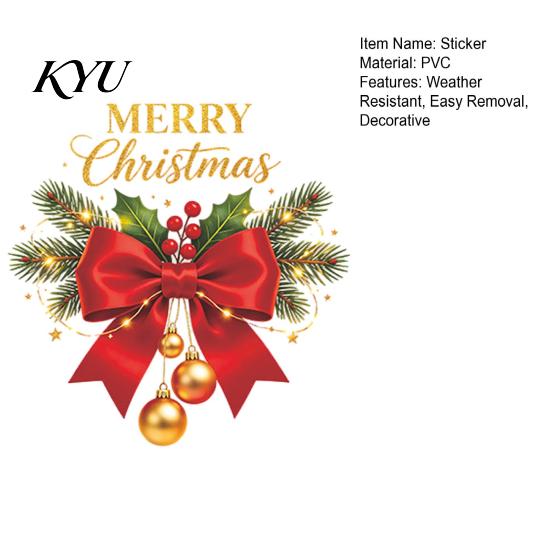 Holiday Glass Decals Christmas Red Bow Window Sticker, Gold Letter Merry Decal, Xmas Decor Waterproof Windows Clings for Home School Office