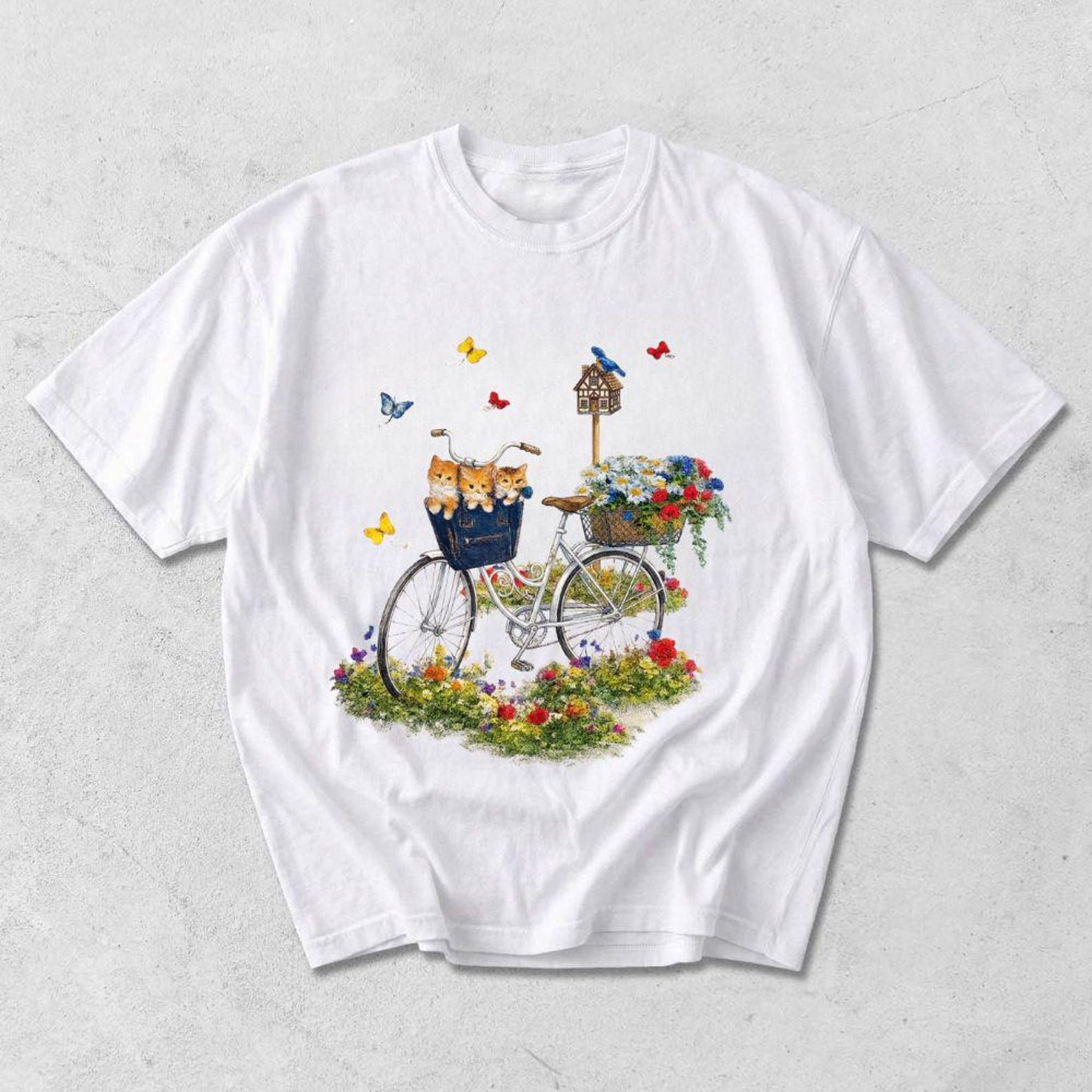 Graphic Tee: Kittens Bicycle Flower Basket Print, Unisex Cotton Shirt 2XL