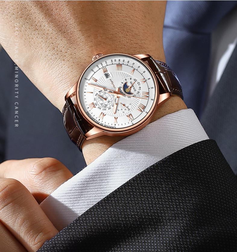 POEDAGAR Chronograph Watch Men 908 High Quality Leather Bracelet Wristwatches Charming Slim Mens Watches Relogio Masculino Gifts
