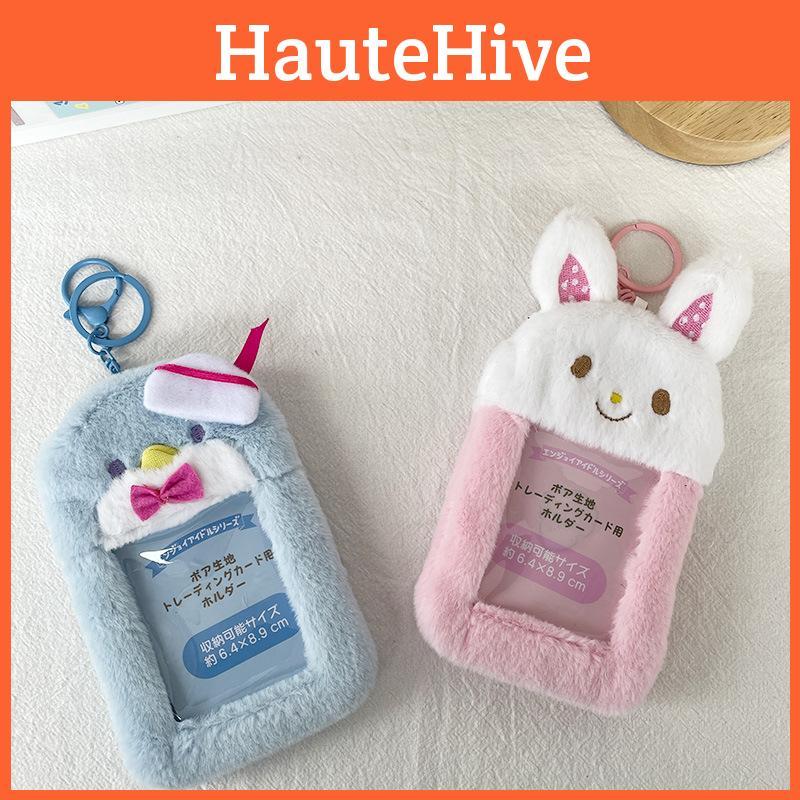 Niedlicher flauschiger Tierkartenhalter Schlüsselanhänger mit transparentem Fotofach