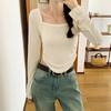 Design Niche Slimming Square Neck Long-sleeved T-shirt Women's Autumn New Solid Color Short Slim-fitting Top