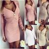 Women Zip Up V Neck Long Sleeve Knitted Bodycon Party Evening Mini Tops Dress