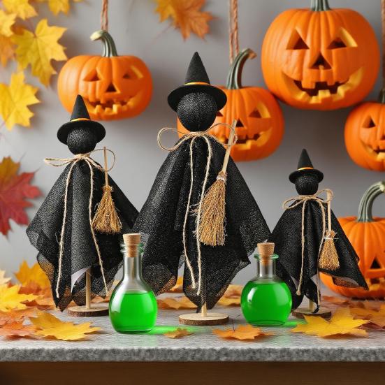 3Pcs/Set Black Witch Decorations Standing Witch with Hat Broomstick Desk Decor Rustic Halloween Centerpieces for Home Farmhouse Mantel Dining Table