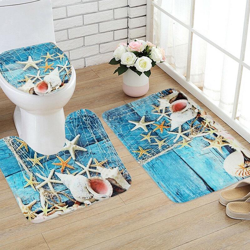 Luxurious 3pcs Beach Nonslip Bathroom Toilet Seat Cover Pedestal Rug Bath Mat Carpet Set