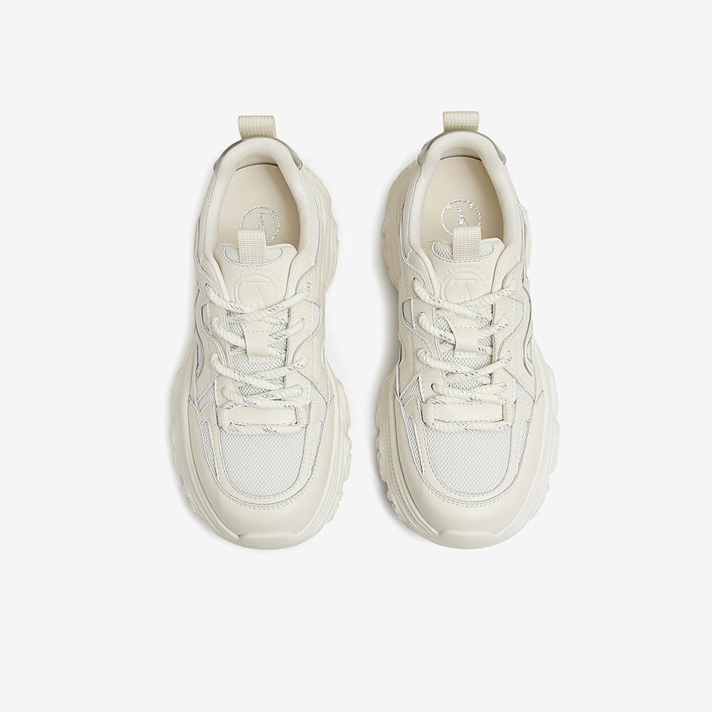 Women’s Chunky Platform Casual Sneakers – Off-White Height Increasing Dad Shoes with Wavy Outsole and Silver Accents