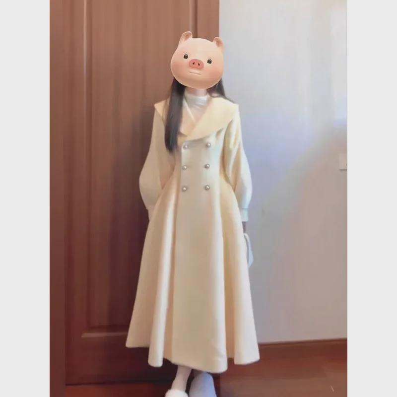 

Plus Size Korean Sweet Chic Woolen Coat - Spring/Winter, Medium-Long, Waist-Defining XL [Recommended for 120-140 lbs] слонова кістка/білий